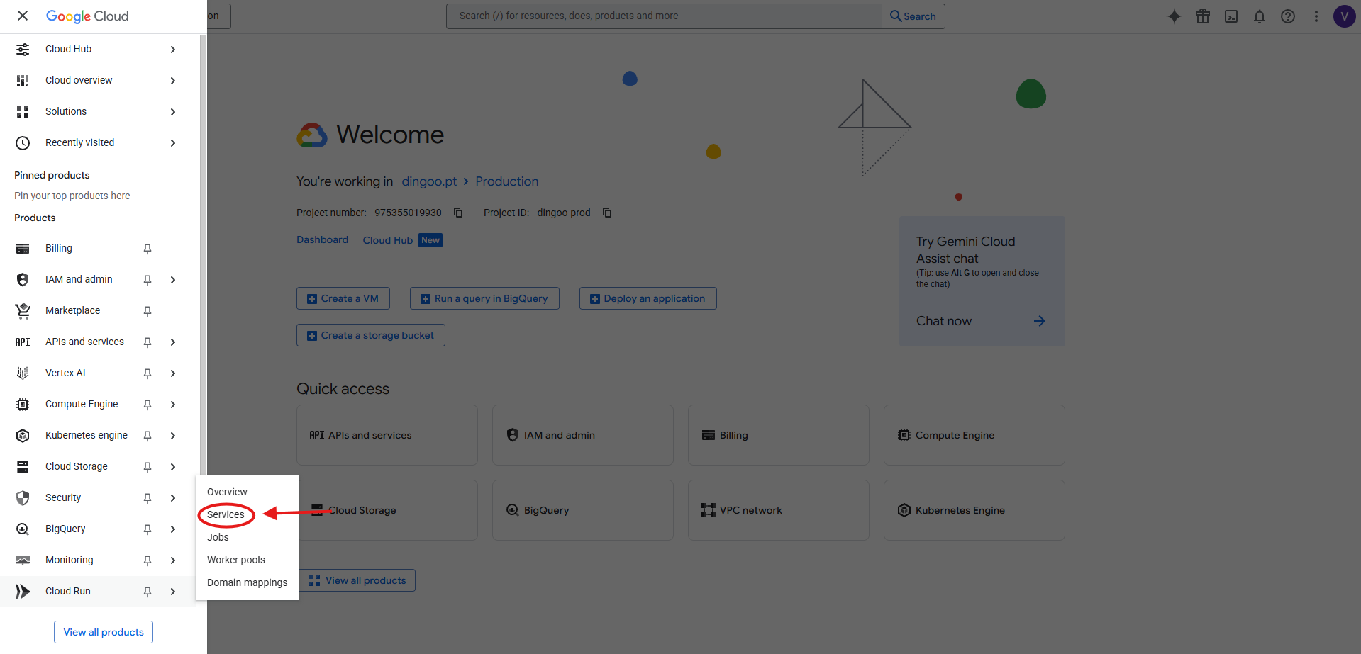 Location of Cloud Run Services in the Menu (Menu ( ☰ ) → Cloud Run → Services).