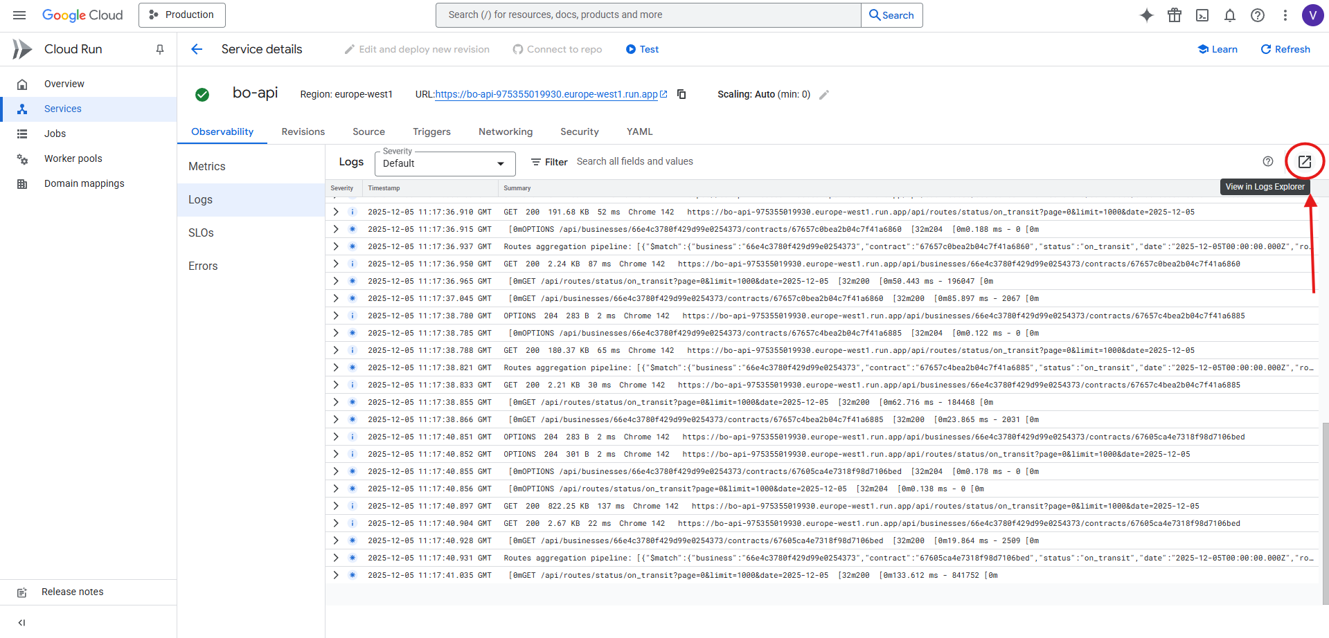 View logs in Log Explorer