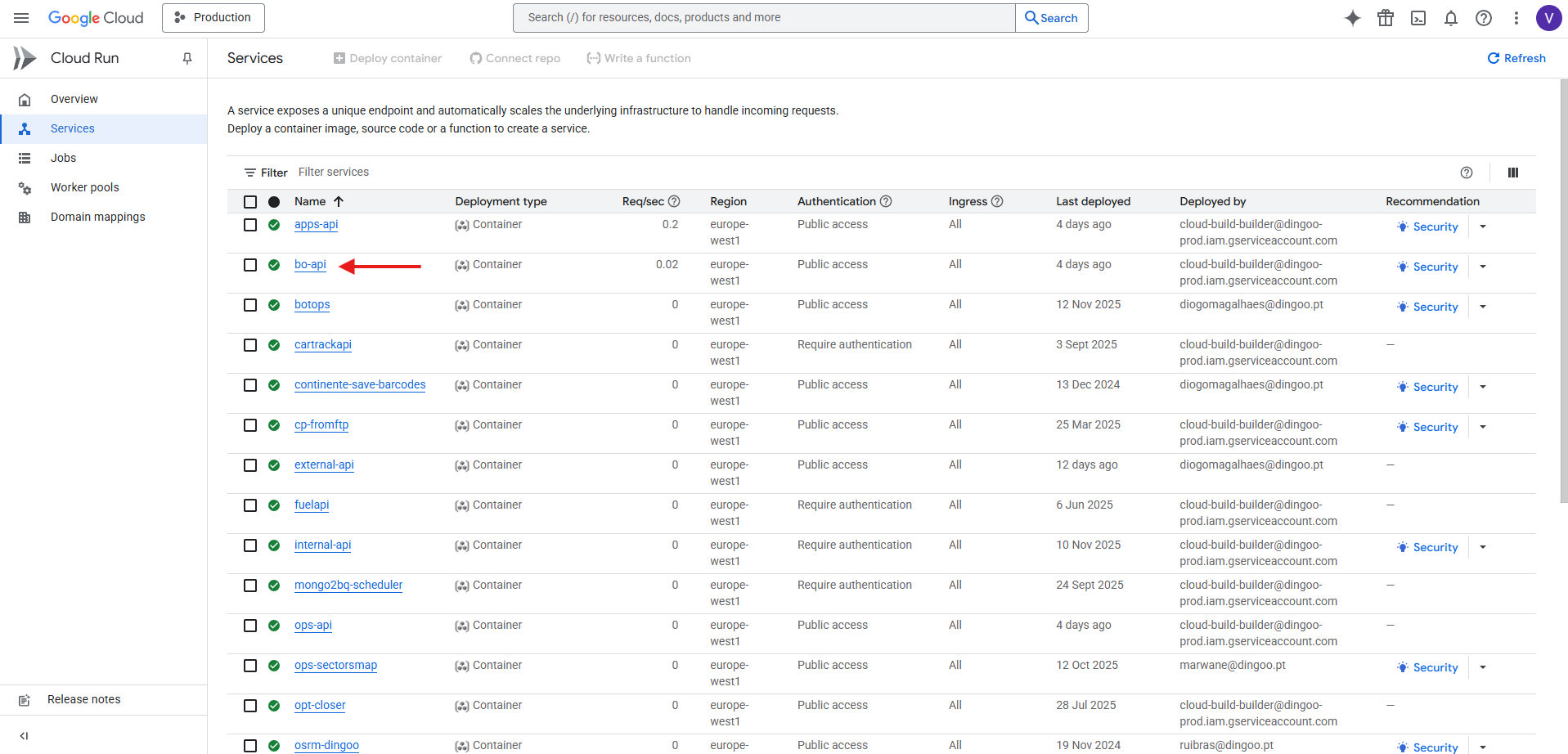bo-api location in the Cloud Run Services page.
